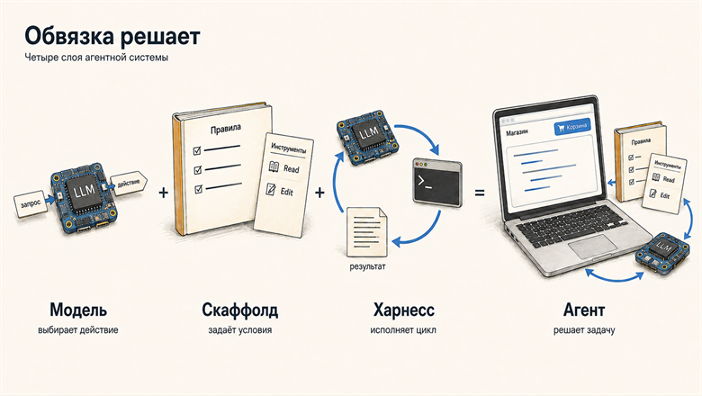 Четыре слоя агентной системы: модель, скаффолд, харнесс и агент